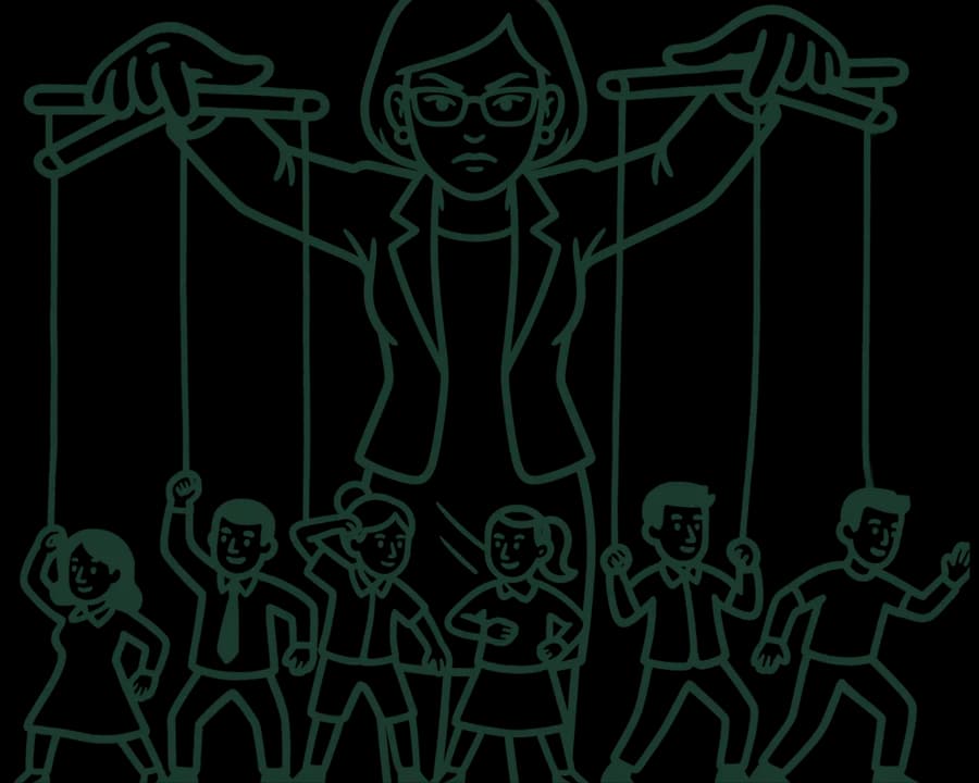 Illustration of a puppeteer controlling several small figures on strings, representing how commission-driven referral services steer families while the community pays the fee.