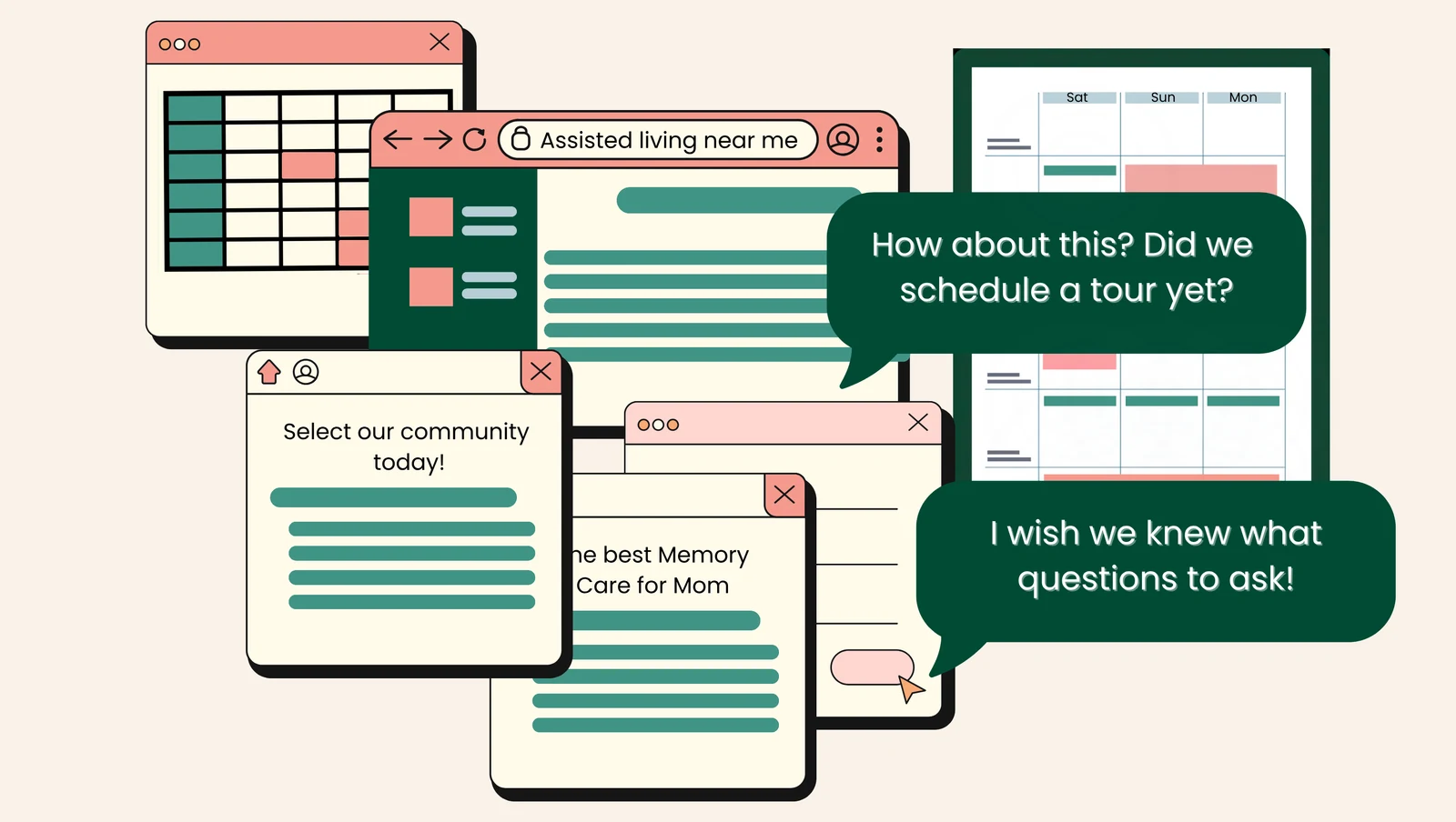A cluttered collage of browser tabs, conflicting Community pop-ups, and a double-booked shared calendar, showing the disorganized status quo families face without Petunia.